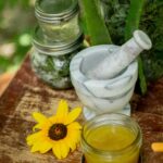 Natural healing setup featuring herbs, aloe, and a mortar and pestle.